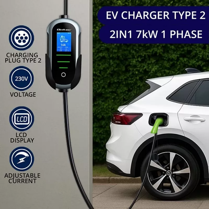 Cargador para coche eléctrico de pared QOLTEC 7 kW 230V CEE 32A con Wi‑Fi y LCD (modelo 52721)