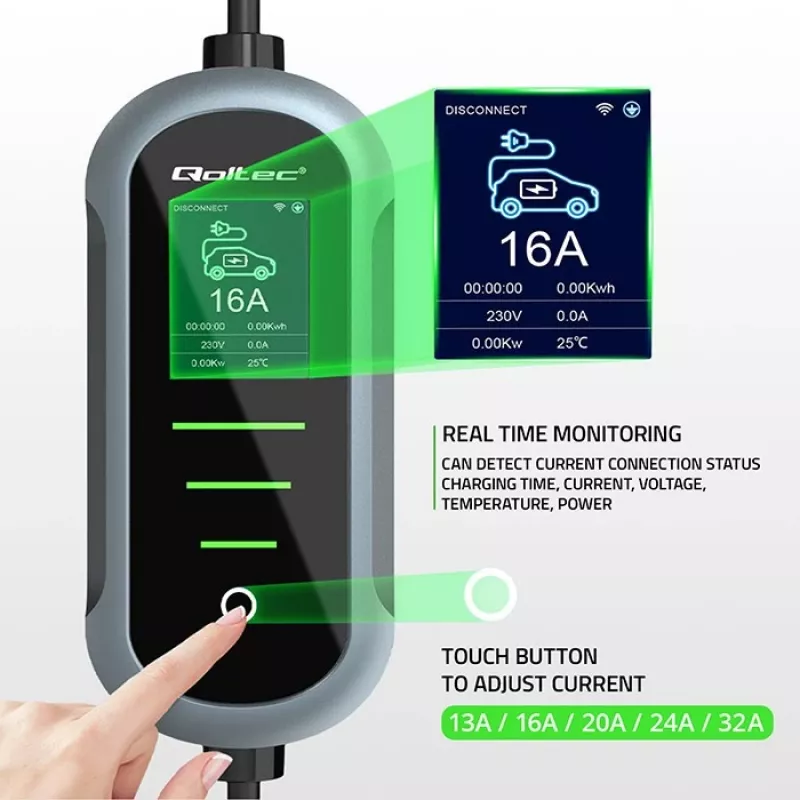 Cargador para coche eléctrico de pared QOLTEC 7 kW 230V CEE 32A con Wi‑Fi y LCD (modelo 52721)