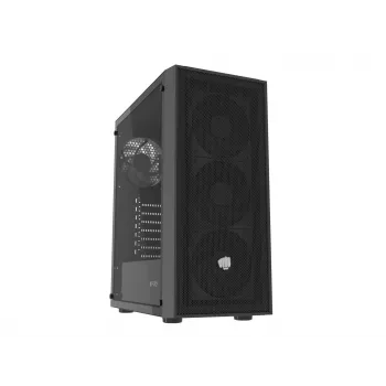 Caja de PC Fury Shobo SH8F Midi Tower — negra, con ventana, sin fuente de alimentación, 2×USB 3.0, 1×USB 2.0, 2×Audio, incluye 4 ventiladores de 120mm