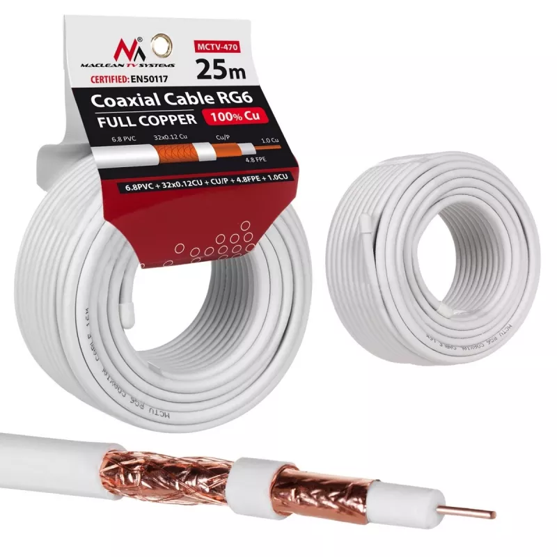 Cable coaxial MACLEAN MCTV-470 RG-6/U 25 m, blanco
