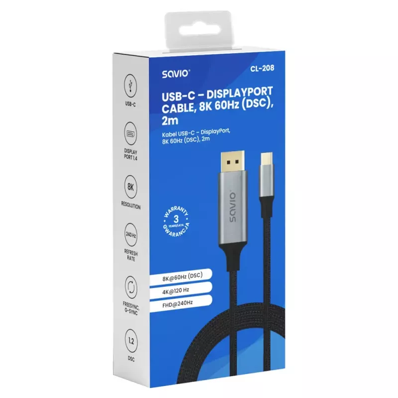 Cable USB-C a DisplayPort SAVIO CL-208 (DisplayPort 1.2, 2 m)