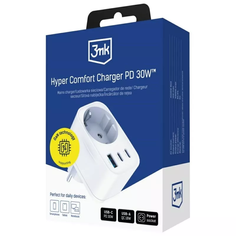 3MK Charger Comfort Charger GaN 30W blanco – fuente de alimentación USB, salida GaN 30W