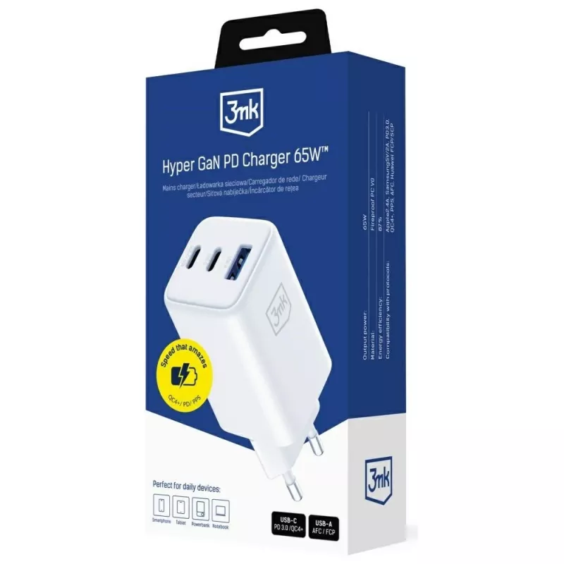 3MK Charger Hyper GaN 65W QC4+ — cargador rápido USB GaN 65W con soporte QC4+