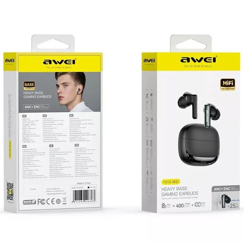 Auriculares Bluetooth Awei modelo ANC TA19 TWS con cancelación activa de ruido, True Wireless Stereo, conectividad Bluetooth