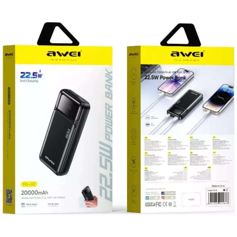 Batería externa Awei PA-92 20000mAh 22,5 W PD con 2x conectores USB-C