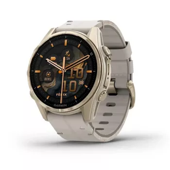 Smartwatch GARMIN Fenix 8 43 mm, 1,3 inch AMOLED 416×416, pantalla táctil, Wi‑Fi, GPS, 32 GB, caja dorada, correa de piel gris