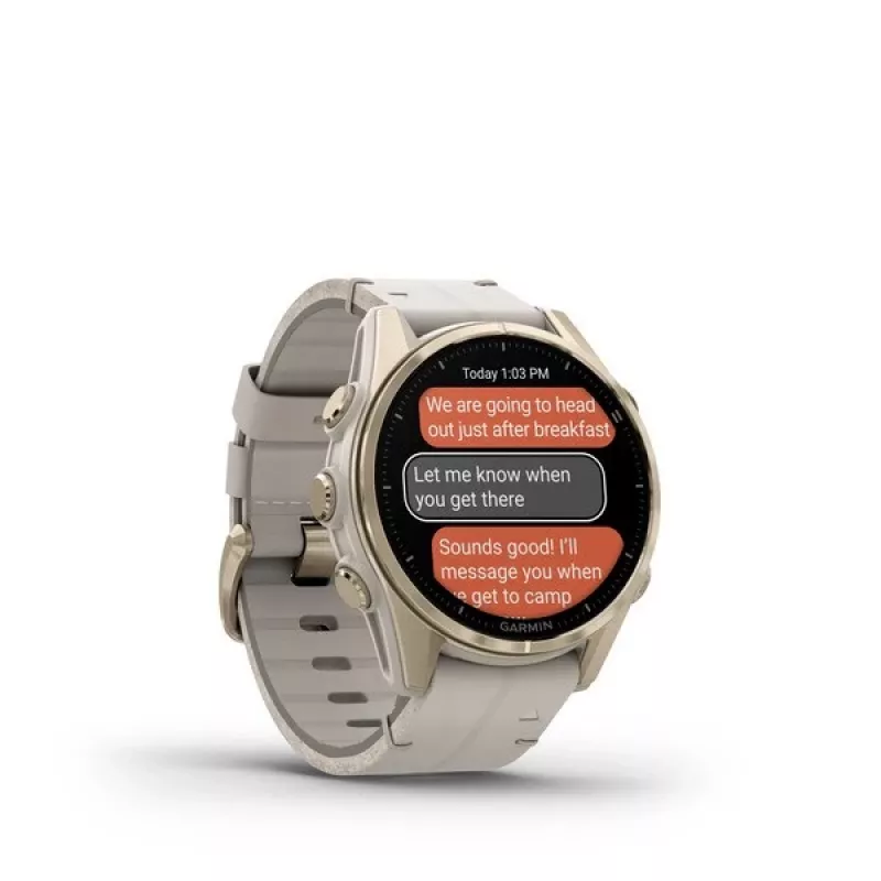 Smartwatch GARMIN Fenix 8 43 mm, 1,3 inch AMOLED 416×416, pantalla táctil, Wi‑Fi, GPS, 32 GB, caja dorada, correa de piel gris