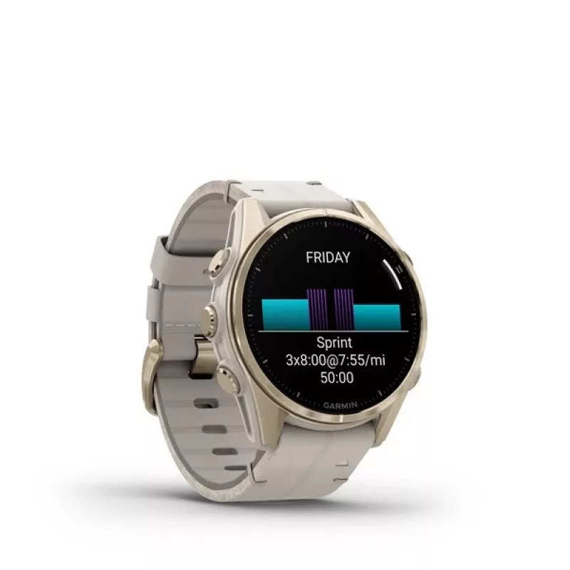 Smartwatch GARMIN Fenix 8 43 mm, 1,3 inch AMOLED 416×416, pantalla táctil, Wi‑Fi, GPS, 32 GB, caja dorada, correa de piel gris
