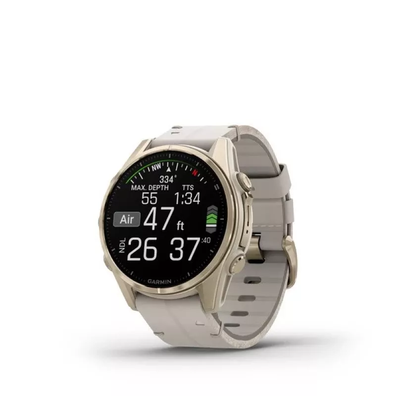 Smartwatch GARMIN Fenix 8 43 mm, 1,3 inch AMOLED 416×416, pantalla táctil, Wi‑Fi, GPS, 32 GB, caja dorada, correa de piel gris