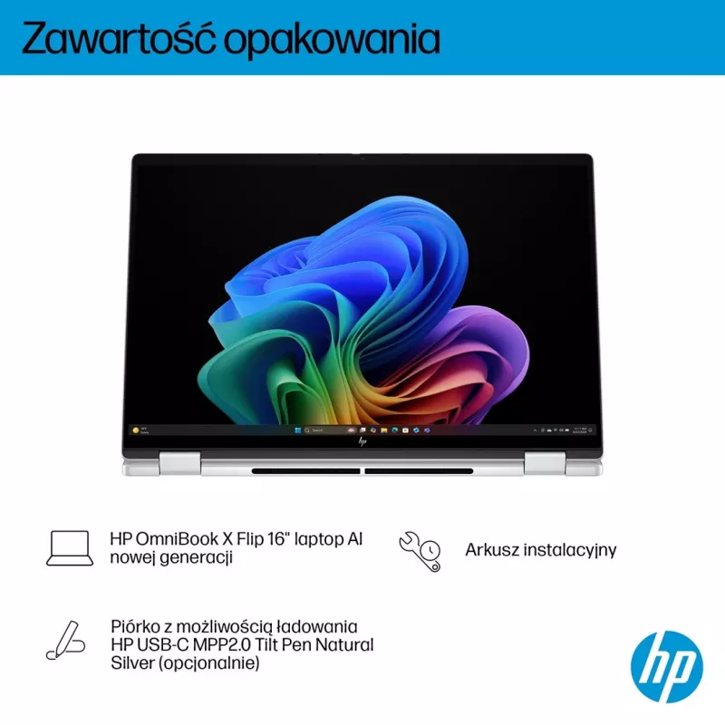 Portátil 2 en 1 HP OmniBook X Flip NG AI 16-as0003nw, pantalla táctil OLED 3K de 16 inch, 32GB RAM, 1TB SSD, Windows 11 Home, Ultra 7 258V, Glacier Silver