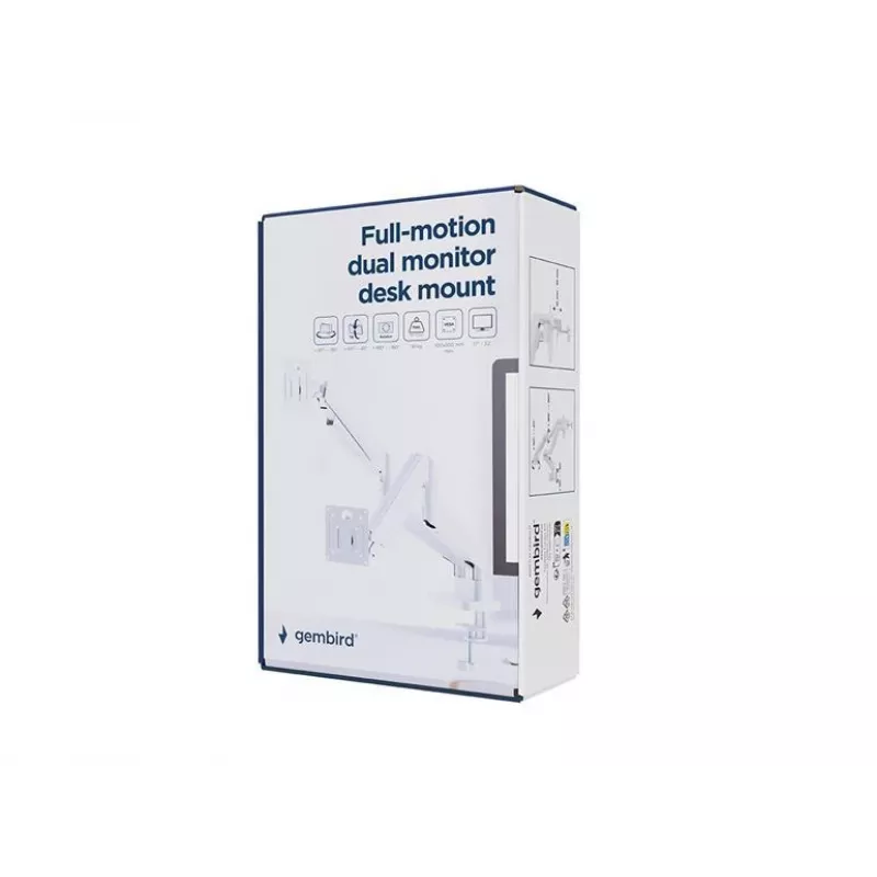 Soporte para monitor GEMBIRD MA-DA2-06-W para pantallas de 17–32 pulgadas, montaje en pinza de mesa/barra, blanco