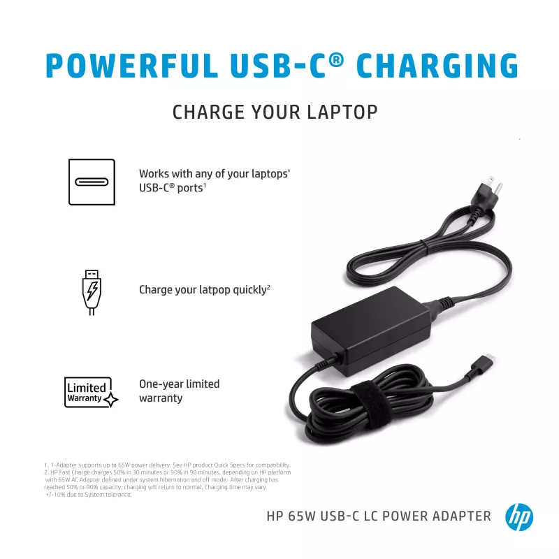 HP 65W USB-C LC Fuente de alimentación para portátil de interior Negra