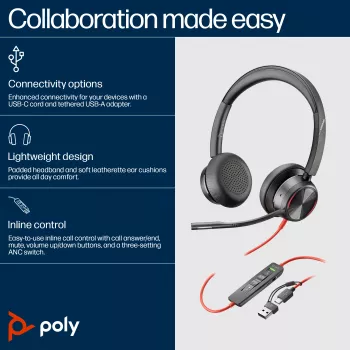 Auriculares HP Poly Blackwire 8225 USB-C, con cable, oficina/call center, 185 g, auriculares, negro