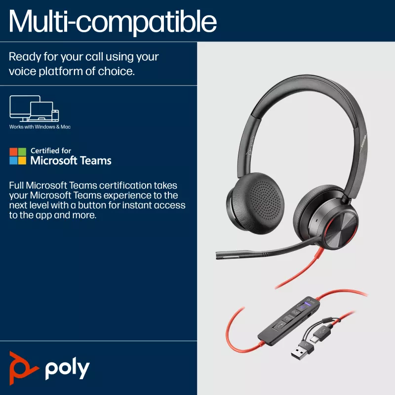 Auriculares HP Poly Blackwire 8225 USB-C, con cable, oficina/call center, 185 g, auriculares, negro