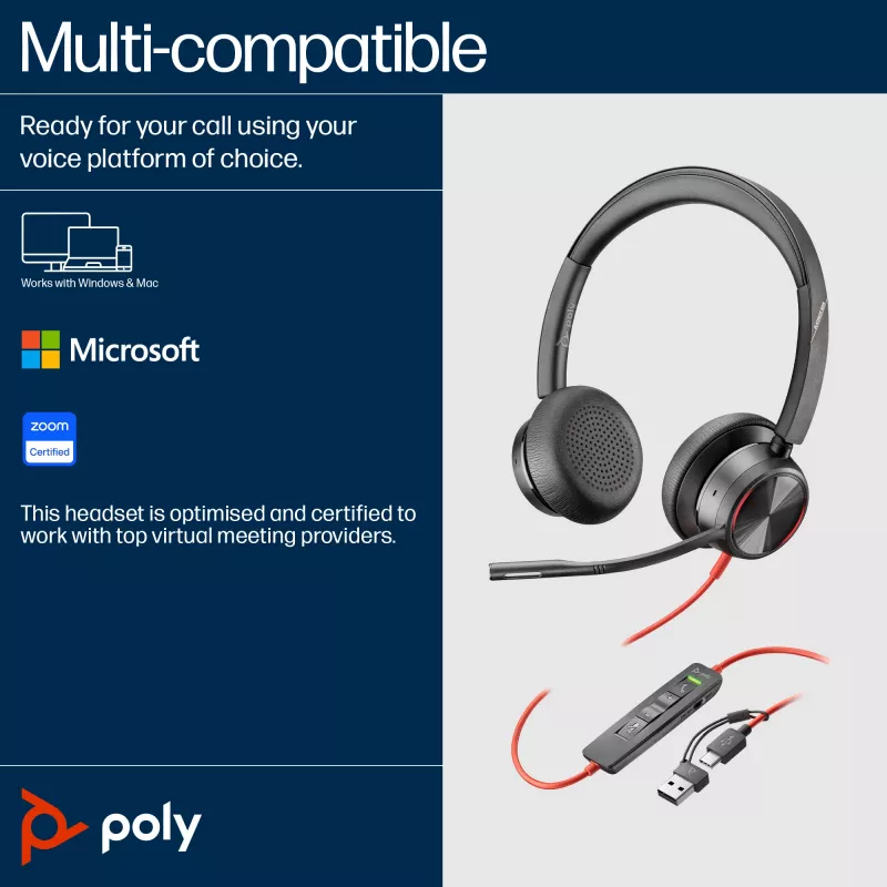 Auriculares HP Poly Blackwire 8225 USB-C, con cable, oficina/call center, 185 g, auriculares, negro