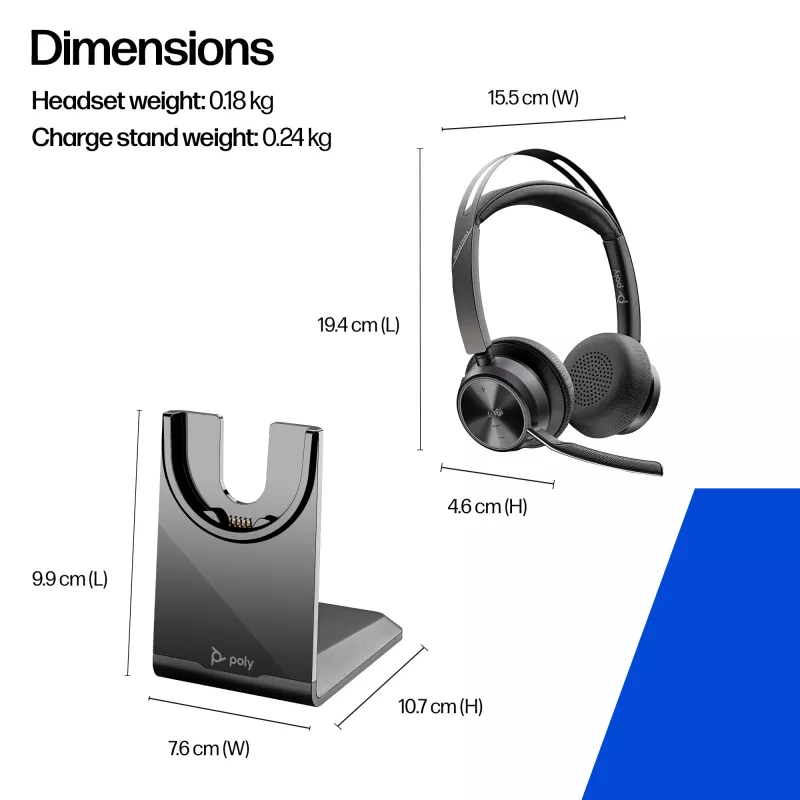 Auriculares HP Poly Voyager Focus 2-M USB-C-C con adaptador USB-C/A y base de carga Poly+ 3 años