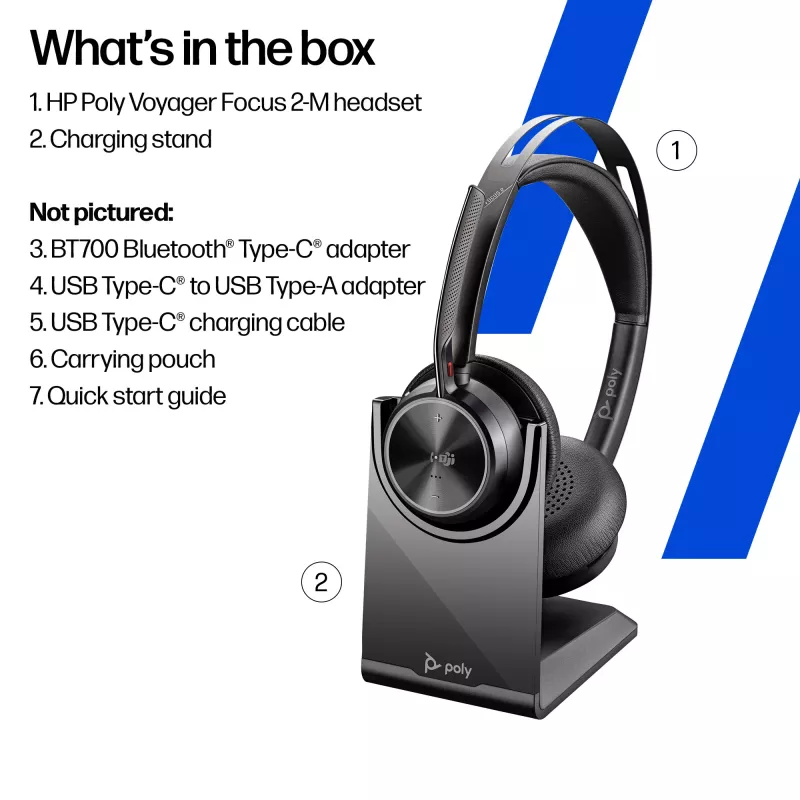 Auriculares HP Poly Voyager Focus 2-M USB-C-C con adaptador USB-C/A y base de carga Poly+ 3 años