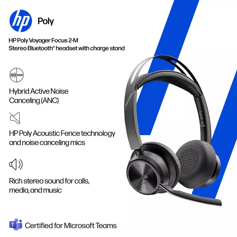Auriculares HP Poly Voyager Focus 2-M USB-C-C con adaptador USB-C/A y base de carga Poly+ 3 años