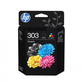 HP 303 pack de 2 cartuchos de tinta originales negro/tricolor, rendimiento estándar, negro, cian, magenta, amarillo, tinta pigmentada, tinta colorante, 4 ml, 4 ml