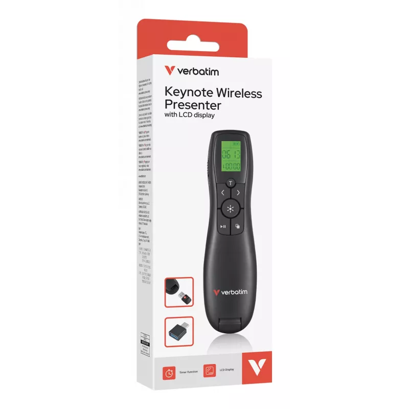 Presentador inalámbrico Verbatim Keynote con pantalla LCD, RF, USB, 30 m, negro