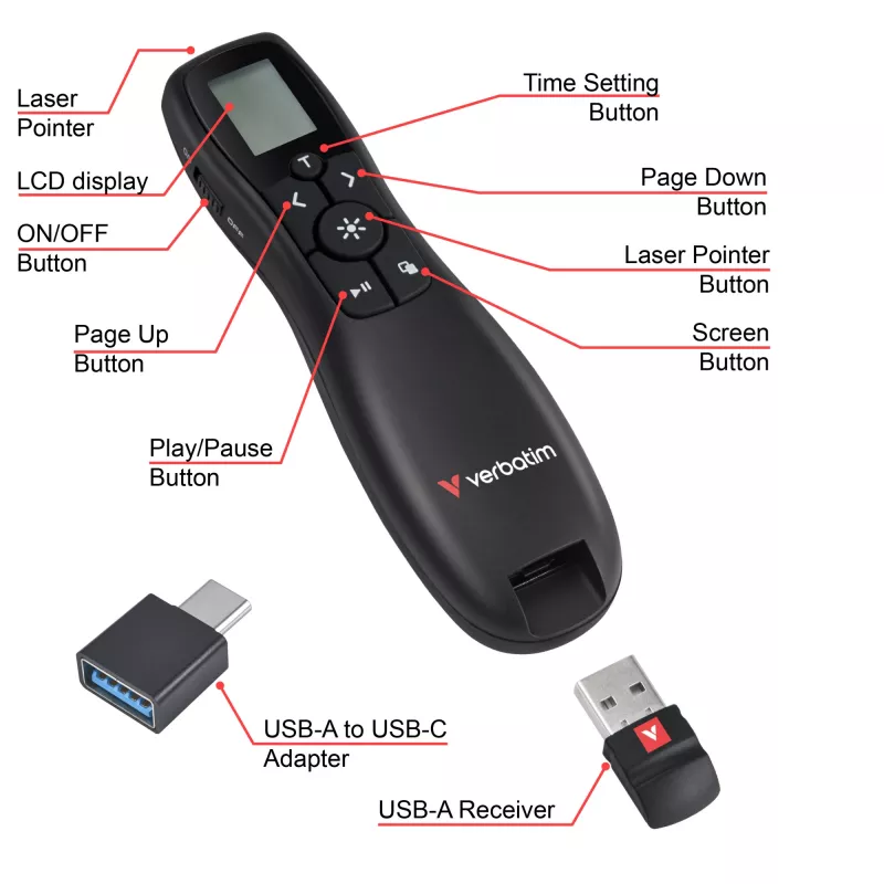 Presentador inalámbrico Verbatim Keynote con pantalla LCD, RF, USB, 30 m, negro