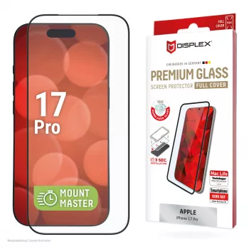 Protector de pantalla e.v.i. Displex iPhone 17 Pro Premium con ayuda de montaje – resistente a arañazos, transparente/negro