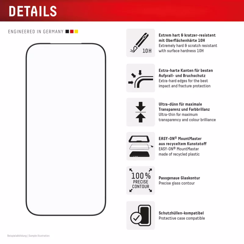 Protector de pantalla e.v.i. Displex iPhone 17 Pro Premium con ayuda de montaje – resistente a arañazos, transparente/negro