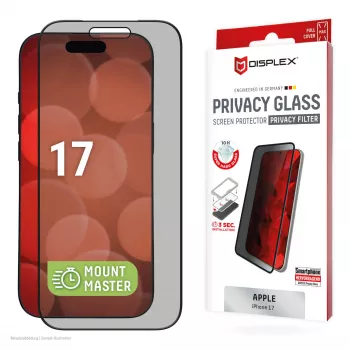Protector de pantalla con filtro de privacidad Displex (10H) para Apple iPhone 17 — cristal templado, filtro de privacidad, resistente a arañazos, resistente a golpes