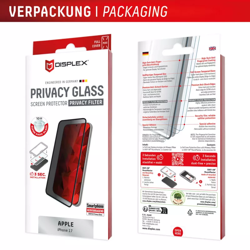 Protector de pantalla con filtro de privacidad Displex (10H) para Apple iPhone 17 — cristal templado, filtro de privacidad, resistente a arañazos, resistente a golpes