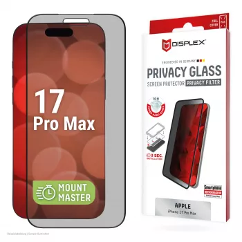Protector de pantalla de cristal templado con filtro de privacidad e.v.i. Displex (10H) para Apple iPhone 17 Pro Max, filtro de privacidad