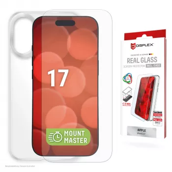 Protector de pantalla y funda e.v.i. Displex para Apple iPhone 17, cristal templado, transparente, aplicación en seco, resistente a arañazos