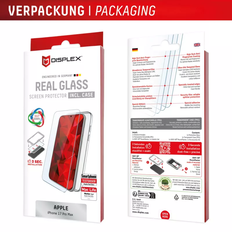 Protector de pantalla y funda para Apple iPhone 17 Pro Max de e.v.i. — Cristal templado, transparente, resistente a arañazos e impactos
