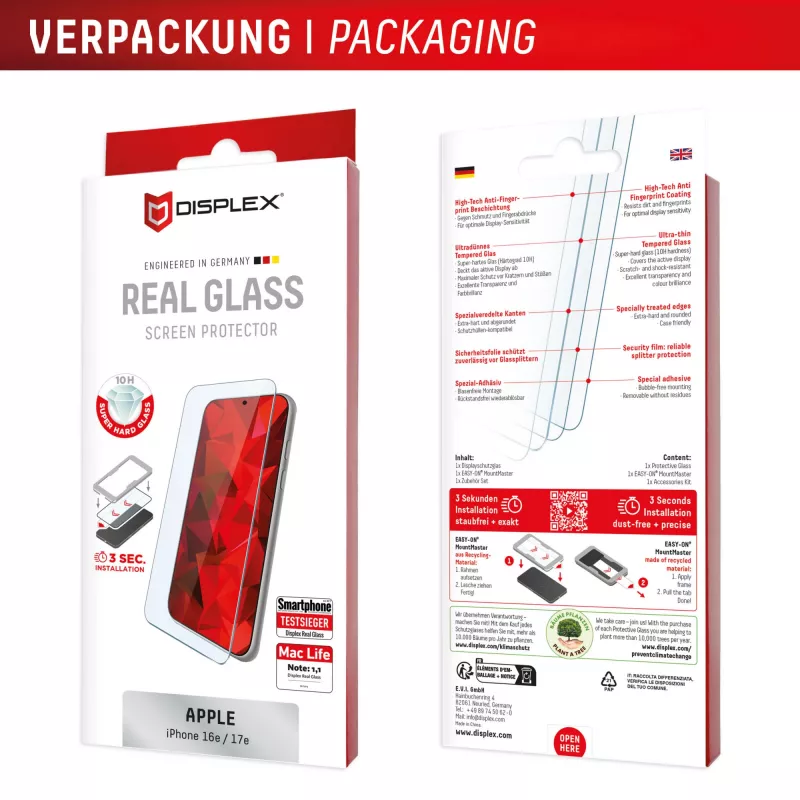 Protector de pantalla de cristal templado Displex (10H) e.v.i. para Apple iPhone 16e/17e — resistente a arañazos, suciedad e impactos, transparente