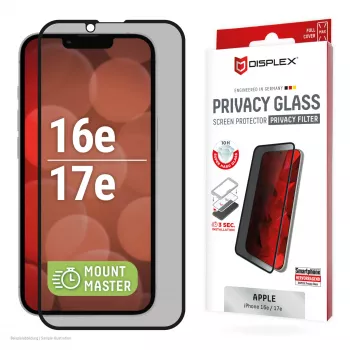 Protector de pantalla de cristal templado Privacy e.v.i. Displex (10H) para Apple iPhone 16e/17e con filtro de privacidad, resistente a impactos y arañazos
