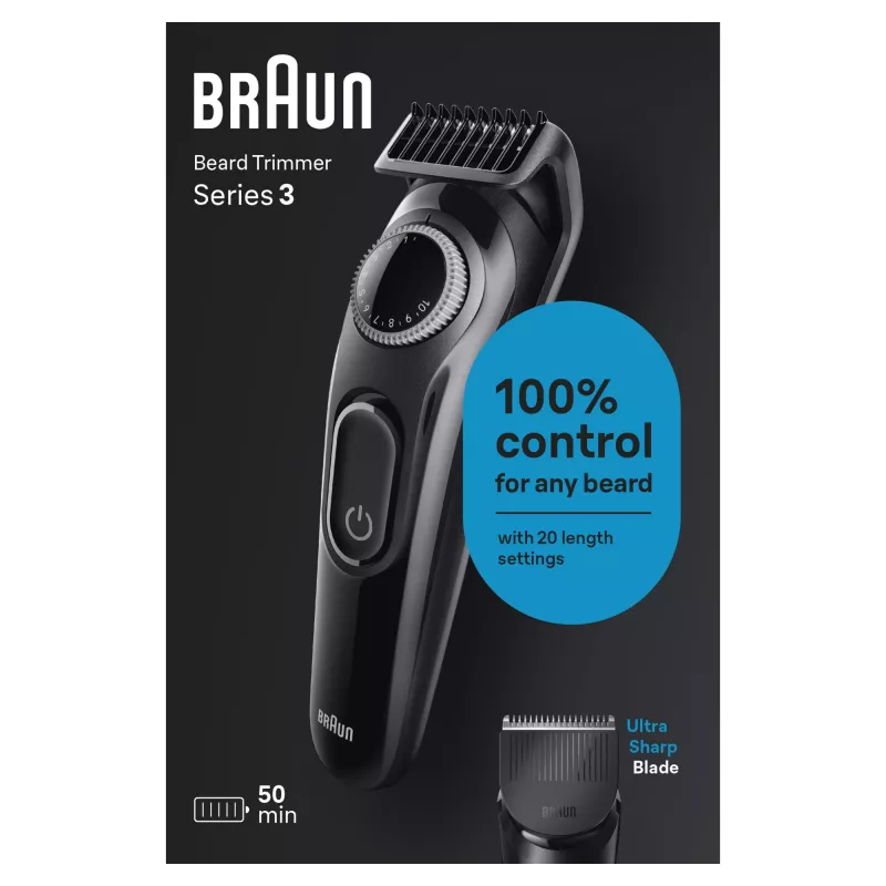 Braun BeardTrimmer 3 Beard Trm 3 BT3400, lavable, Batería, Negro