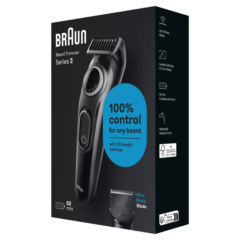 Braun BeardTrimmer 3 Beard Trm 3 BT3400, lavable, Batería, Negro