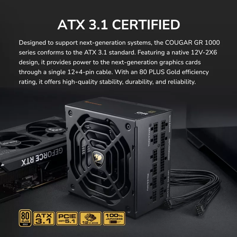 Fuente de alimentación COUGAR GR 1000W ATX3.1 PCIE 5.1 80 PLUS Gold, 1000 W, 20+4 Pin ATX, ventilador de 120 mm