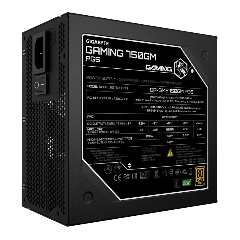 Fuente de alimentación GIGABYTE GAMING 750GM PG5 - PCIe 5.1, 80 PLUS Gold, diseño totalmente modular, ventilador de 135 mm, compatible con ATX 3.1, enchufe EU