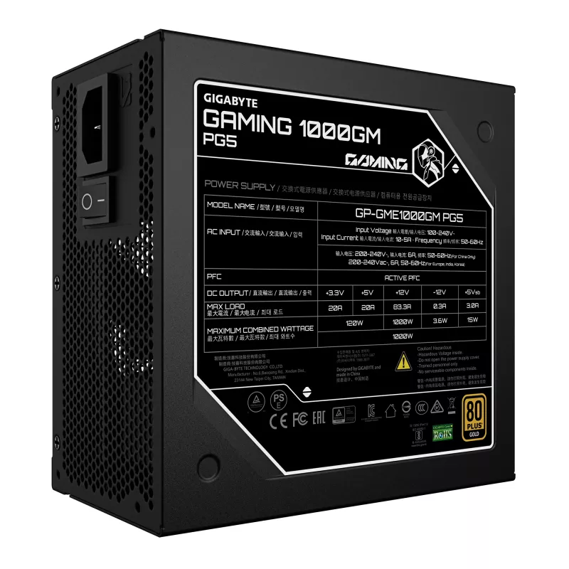 Fuente de alimentación GIGABYTE GAMING 1000GM PG5 - PCIe 5.1, 80 PLUS Gold, diseño totalmente modular, ventilador de 135 mm, compatible con ATX 3.1, enchufe EU