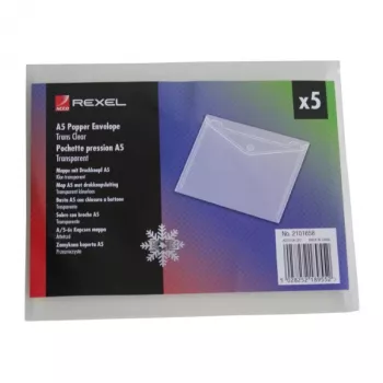 Funda con botón Rexel Ice Popper Wallet Landscape A5 transparente (5), A5, transparente, 1 mm, 120 mm, 180 mm, 5 uds.