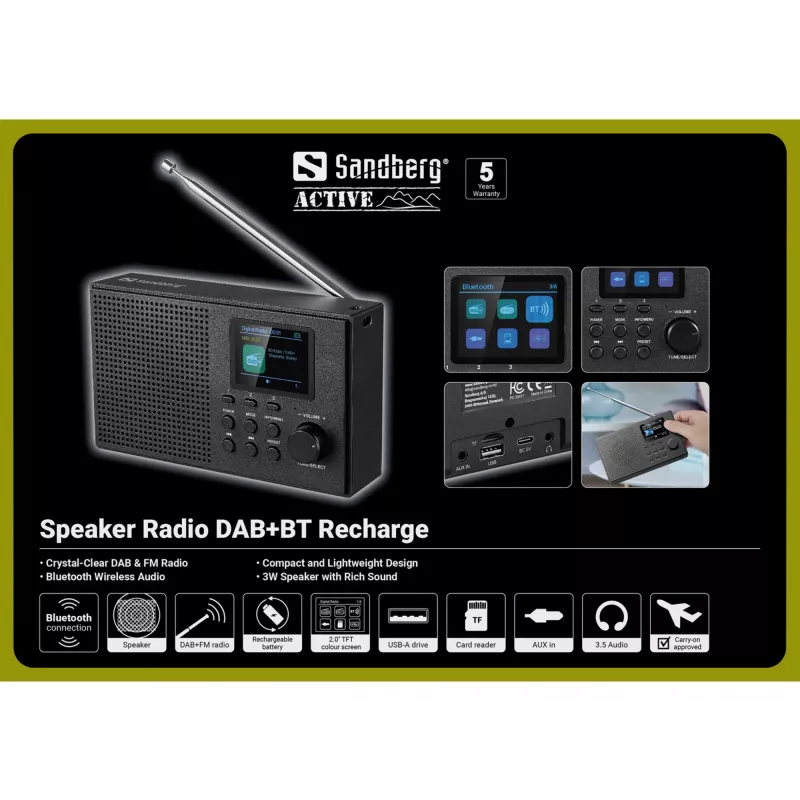 Sandberg altavoz radio DAB+BT recargable, portátil, analógico y digital, DAB+, FM, 87,5 - 108 MHz, 174 - 240 MHz, 3 W