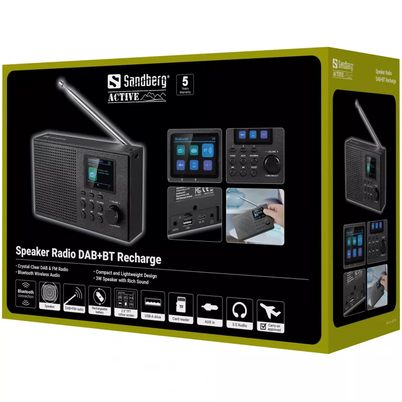 Sandberg altavoz radio DAB+BT recargable, portátil, analógico y digital, DAB+, FM, 87,5 - 108 MHz, 174 - 240 MHz, 3 W