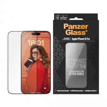 PanzerGlass ® Protector de pantalla cerámico iPhone 15 Pro | Ajuste ultra ancho con EasyAligner