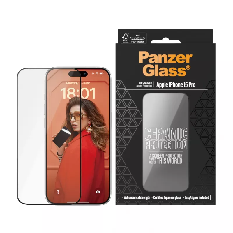 PanzerGlass ® Protector de pantalla cerámico iPhone 15 Pro | Ajuste ultra ancho con EasyAligner