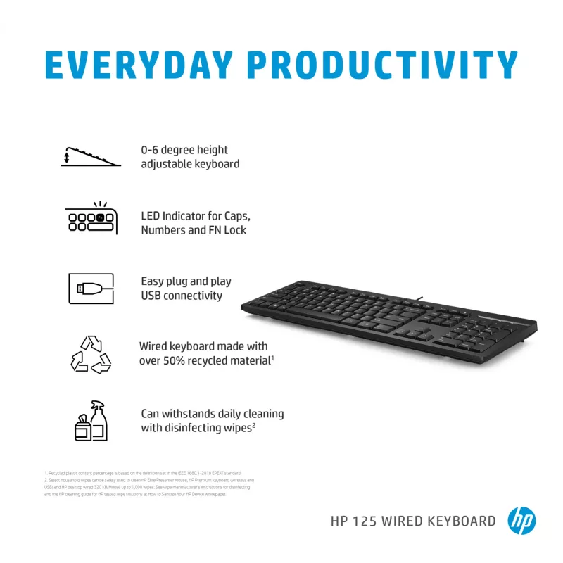 Teclado con cable HP 125 – tamaño completo USB, membrana, Negro