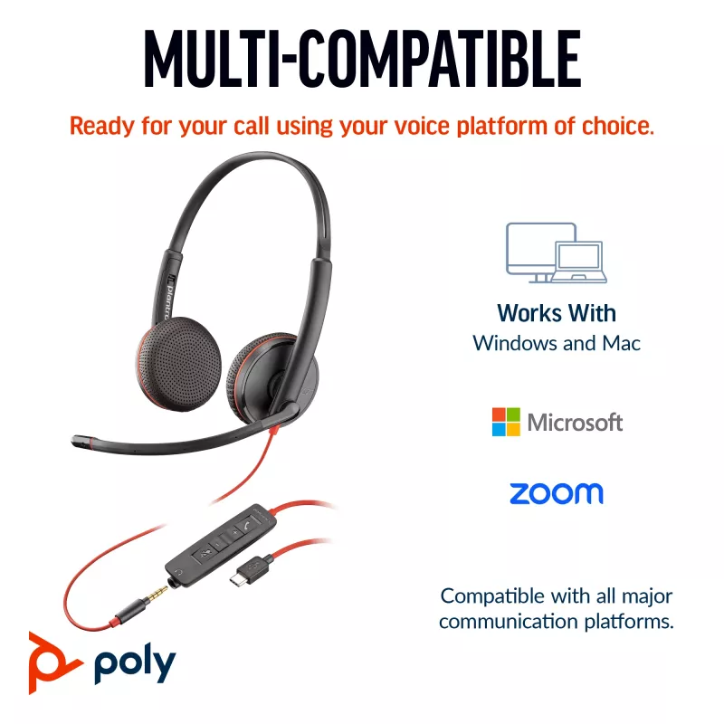 HP Poly Blackwire 3225 auriculares estéreo USB-C + jack de 3,5 mm + adaptador USB-C/A (a granel)