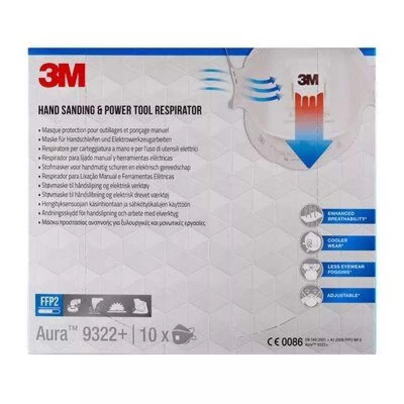 3M Aura Comfort Cool Flow 9322+ FFP2 NR D Mascarillas respiratorias desechables, 5 uds. (9322PRO5)