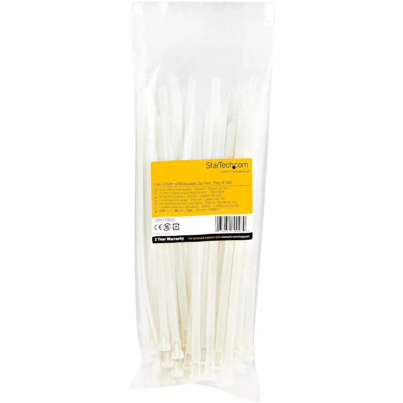 StarTech.com bridas reutilizables de 25 cm – 7 mm de ancho, 65 mm de diámetro de haz, 22 kg de resistencia a la tracción, bridas de nailon desmontables, interior/exterior, 94V-2/UL listado, pack de 100 – blanco