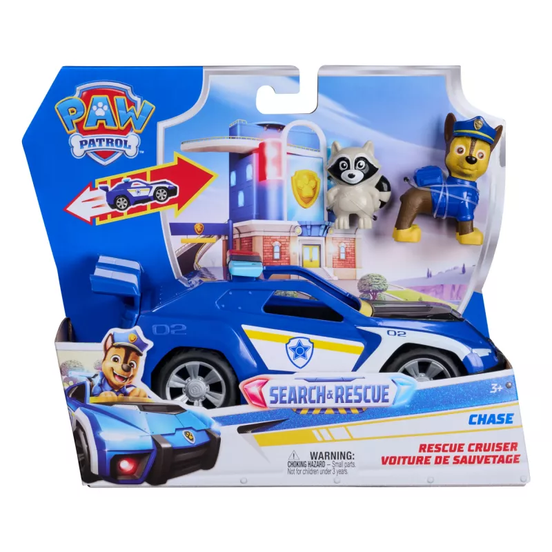 PAW Patrol : Search & Rescue, vehículo Chase Rescue Cruiser con 2 figuras, coche de policía de juguete con mecanismo de retroceso, juguete para niños y niñas a partir de 3 años