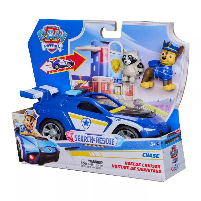 PAW Patrol : Search & Rescue, vehículo Chase Rescue Cruiser con 2 figuras, coche de policía de juguete con mecanismo de retroceso, juguete para niños y niñas a partir de 3 años